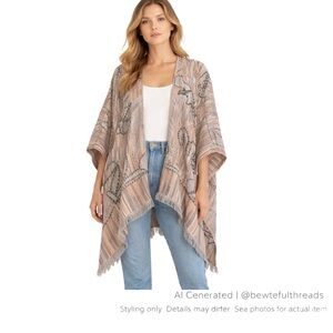 World Market One Size Boho Ruana Wrap Fringe Neutral